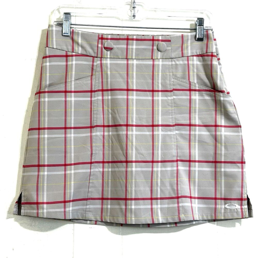 Oakley Women's Skort Size 4 Tan Pink Athletic Plaid Golf Tennis Skort Pockets
